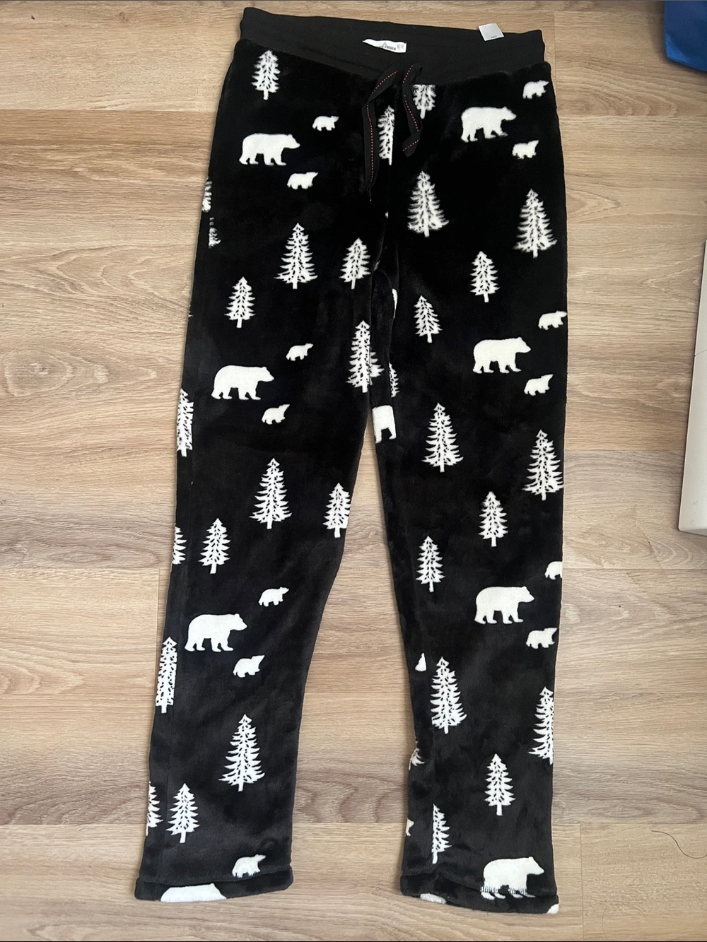 Denver Hayes Black Plush Pajama Pants with White Bear & Tree Print